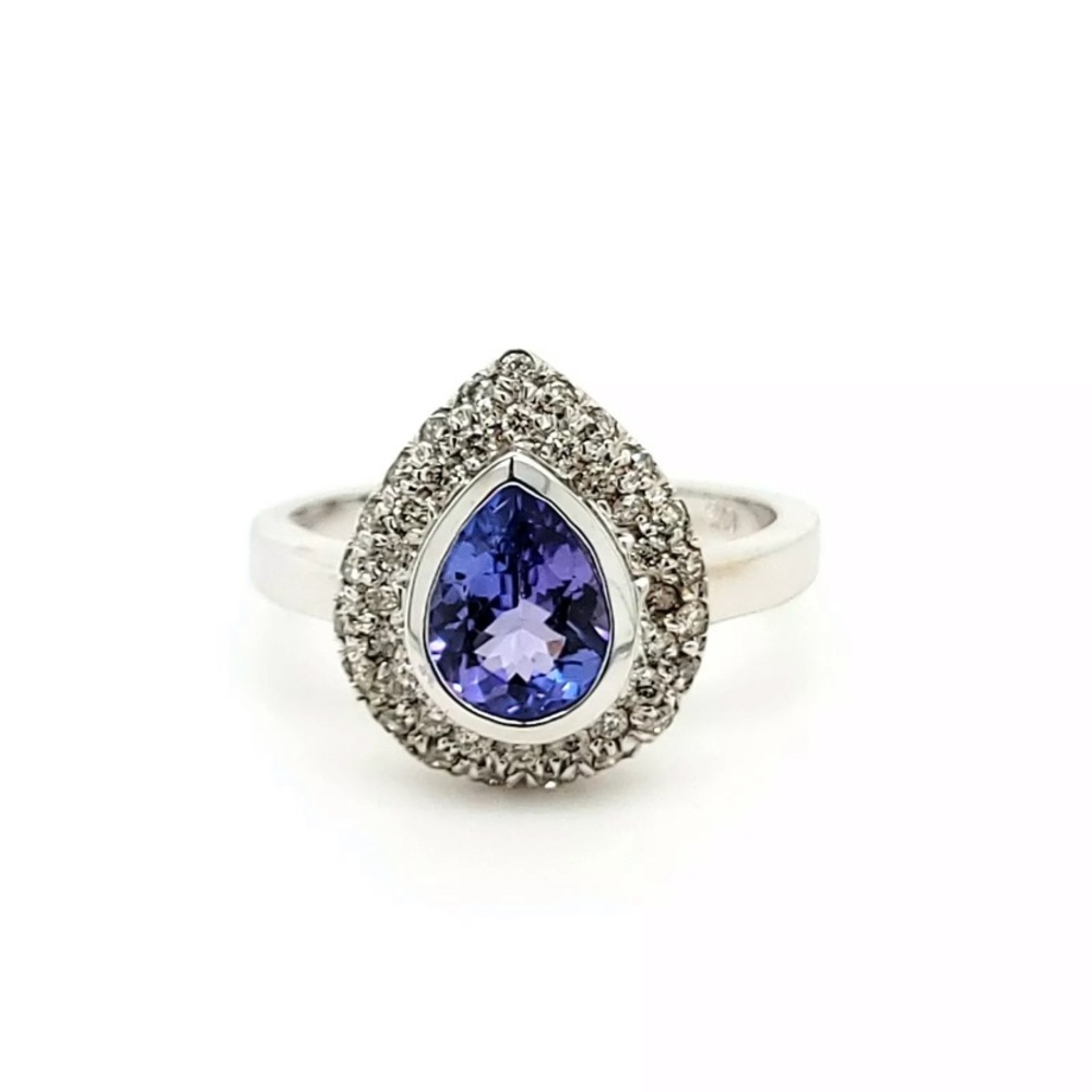 14K White Gold Pear Shape .89 Genuine Natural Tanzanite & Diamond Ring #6.5 NWT